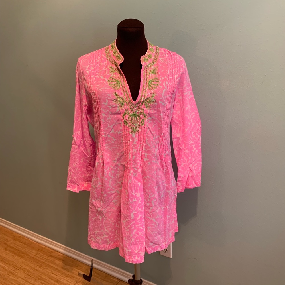Lilly Pulitzer pink and green beaded tunic EUC L